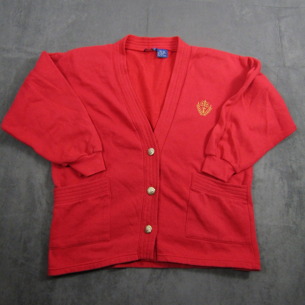 Lillian Lorow Cardigan Sweatshirt Women One Size Red Crest Gold Button Vintage